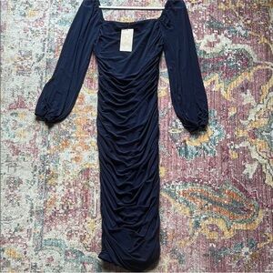 Navy Ruched Long Sleeve Bodycon Dress - Size M - Elegant Square Neck